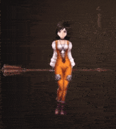 a girl in overalls is holding a torch and a sword