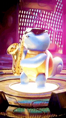 squirtle is playing a saxophone while wearing sunglasses and a hat