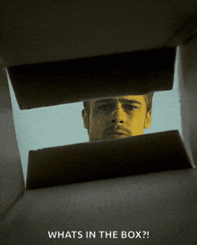 a man is peeking out of a cardboard box with the words what 's in the box below him