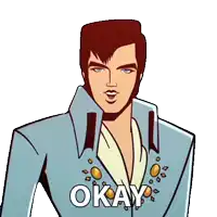 a cartoon drawing of elvis presley with the word okay above him