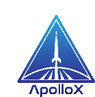 a blue and white logo for apollox with a rocket on it