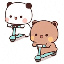 two panda bears are riding scooters .