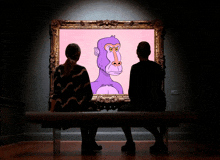 two people sitting on a bench looking at a purple monkey painting