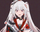 a girl with white hair and purple eyes is wearing a top hat and holding a book in her hand .