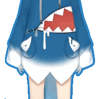 a blue and white shark costume with a red tooth