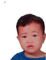 a baby with a blue shirt on is looking at the camera with a sad look on his face