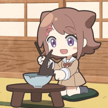 a cartoon of a girl with cat ears holding a bowl and a spoon