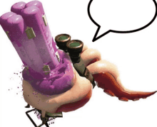 a hand holding a purple object with a speech bubble behind it