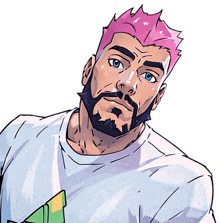 a man with a beard and pink hair is wearing a white shirt