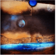 a painting of a planet surrounded by water and sand