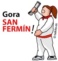 a cartoon of a woman holding a newspaper with the words gora san fermin written above her