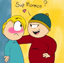 a drawing of two cartoon characters with the words " sup mormon " written above them