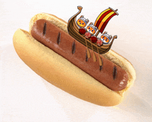 a hot dog with three vikings in a boat