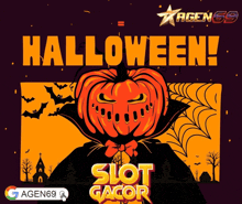 a poster with a pumpkin and the words halloween slot gacor on it