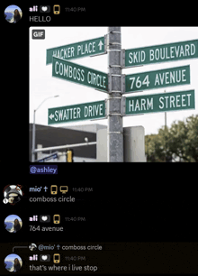 a picture of a street sign with the words hacker place comboss circle and skid boulevard