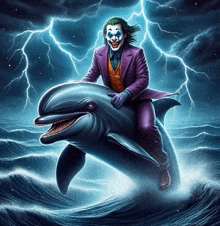 a joker is riding a dolphin in the ocean