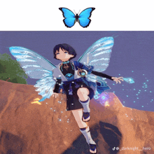 a picture of a girl with butterfly wings next to a butterfly