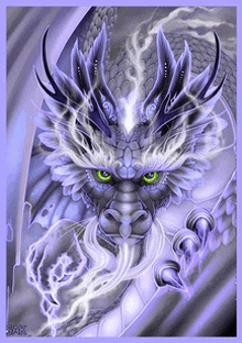 a picture of a purple dragon with green eyes and a beard