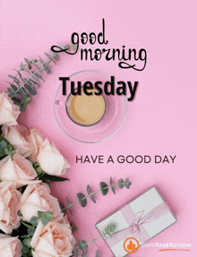 a pink background with roses and a cup of coffee and the words good morning tuesday