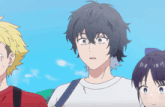 a group of anime characters including a boy with a white shirt and a girl with purple hair