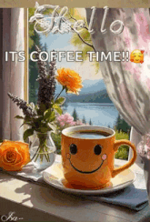 a cup of coffee with a smiley face sits on a table next to flowers