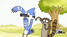 a cartoon of a bird looking through a telescope next to a raccoon with cn hd written on the bottom