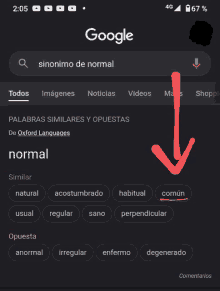 a google search for sinonimo de normal is shown with an arrow pointing down