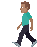 a man in a blue shirt and black pants walking