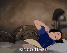 a cartoon of snow white laying in bed with the words `` bingo time '' written below her .