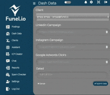 a screenshot of funel.io showing the dash data section