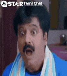 a man with a towel around his neck has a surprised look on his face in front of a star tamil chat logo