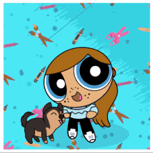 a cartoon girl is holding a dog on a blue background with crayons and scissors