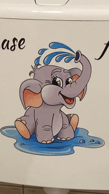 a cartoon drawing of an elephant with a splash of water on its head