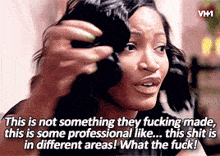 a woman is holding her hair and says this is not something they fucking made this is some professional like this shit is in different areas