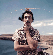 a man with a lobster on his head and a mustache