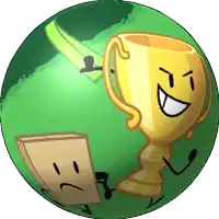 a cartoon drawing of a trophy and a box on a green ball