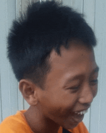 a close up of a young boy 's face smiling