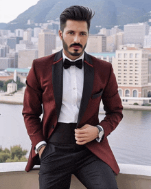 a man in a maroon tuxedo and black bow tie