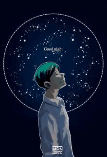 a man with green hair is looking up at the night sky with the words good night written above him