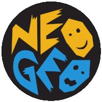 a logo for neo geo has a yellow lightning bolt and a smiley face