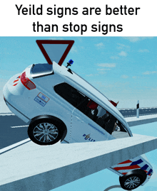 a cartoon of a police car that says yield signs are better than stop signs