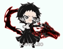 a cartoon of a man holding a gun and a dragon with the words `` i love leo '' behind him .