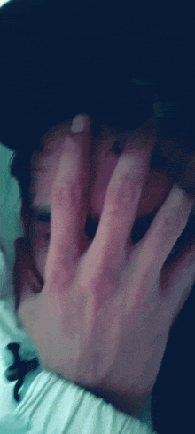 a close up of a person covering their face with their hand in a blurry photo