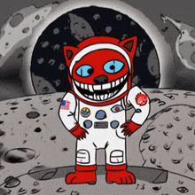 a cartoon drawing of a red cat in an astronaut suit