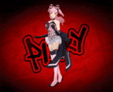a girl in a corset and gloves is standing in front of a sign that says ' a '