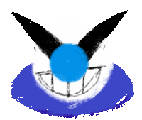 a blue and black drawing of a clown with a blue ball in the middle