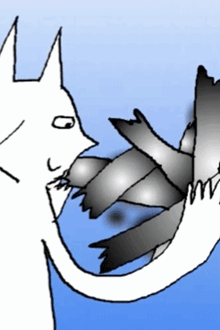 a black and white drawing of a cat eating something