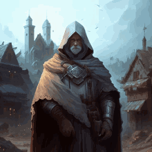 a man in a hooded cloak is standing in front of a castle