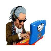 a man wearing a wig and sunglasses is typing on a shs laptop