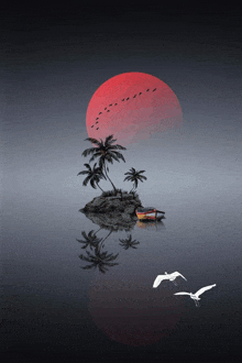 birds are flying over a small island with palm trees and a boat